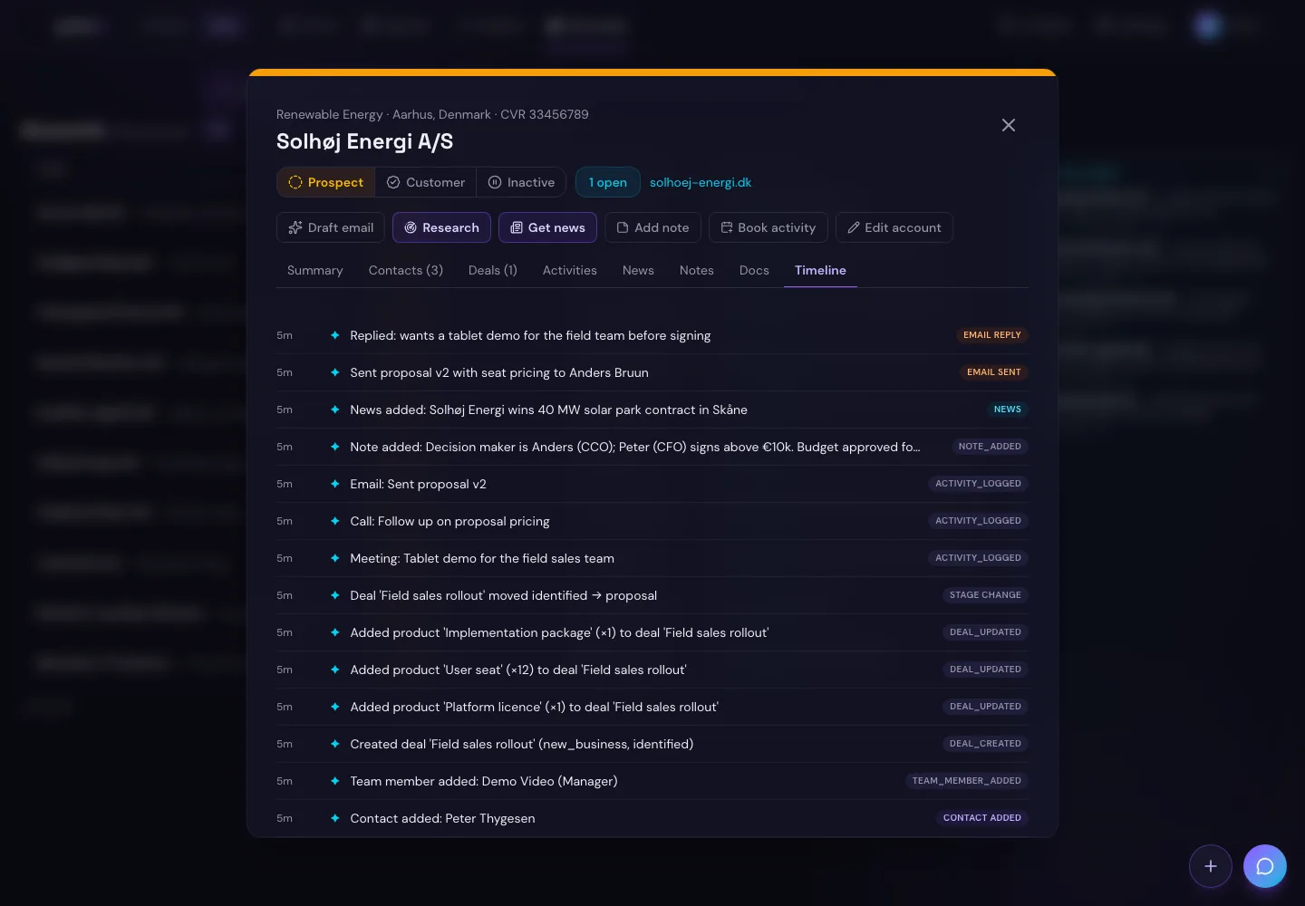 One Saga account with its action row and a timeline of calls, meetings, notes and next steps